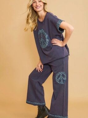 Umgee Navy Blue Two-Piece Peace Sign Lounge Set NWT small